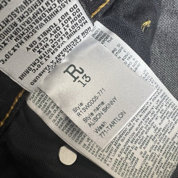 R13‎ Jeans Alison Skinny Tartlon Raw Hem Dark Distressed Made In Italy Size 27 - Picture 9 of 13